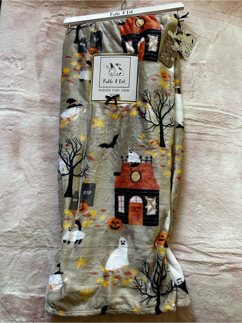 Beige Plush Throw Blanket - Ghosts Cats & Dogs - Pickle & Dot NWT